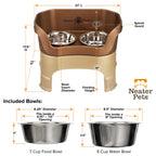 A chart showing the dimensions of the Neater Feeder Deluxe large with leg extensions as well as the stainless steel bowls against a white background.