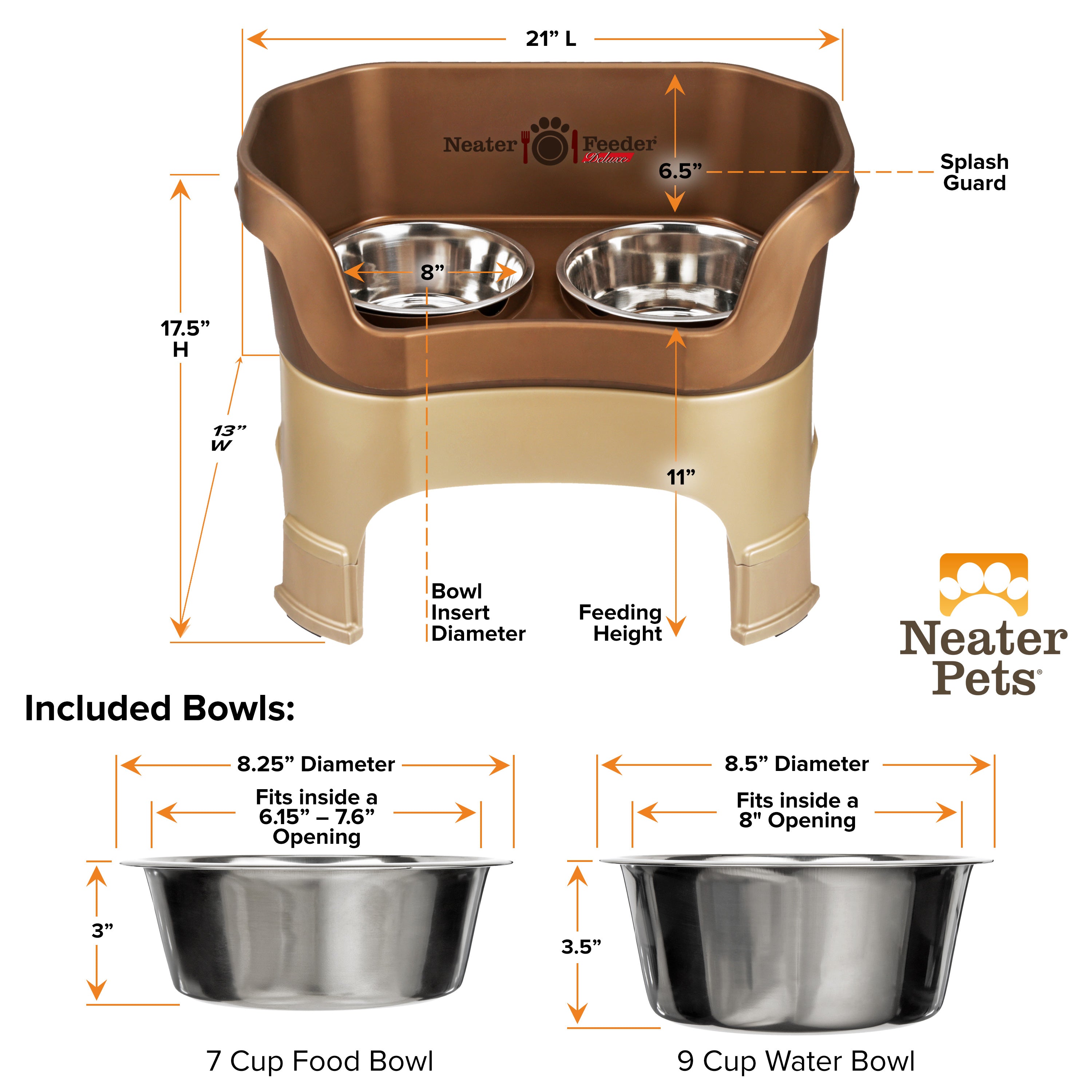 A chart showing the dimensions of the Neater Feeder Deluxe large with leg extensions as well as the stainless steel bowls against a white background.