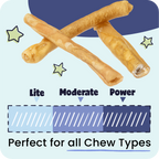 Dog chew sticks with 'Lite', 'Moderate', and 'Power' levels on a blue background