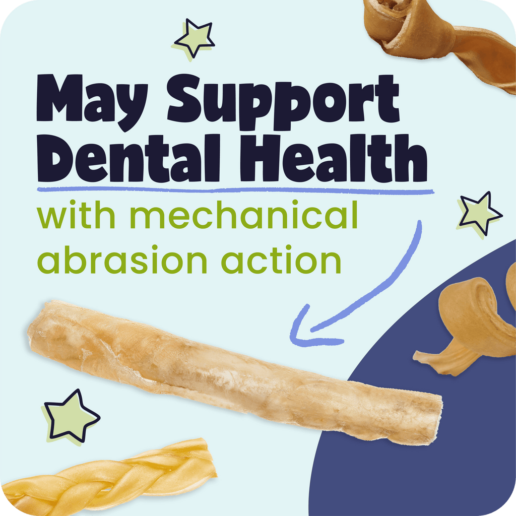 Dog chew product with text about dental health support on a blue background