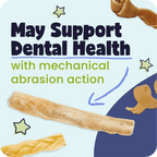 Dog chew product with text about dental health support on a blue background