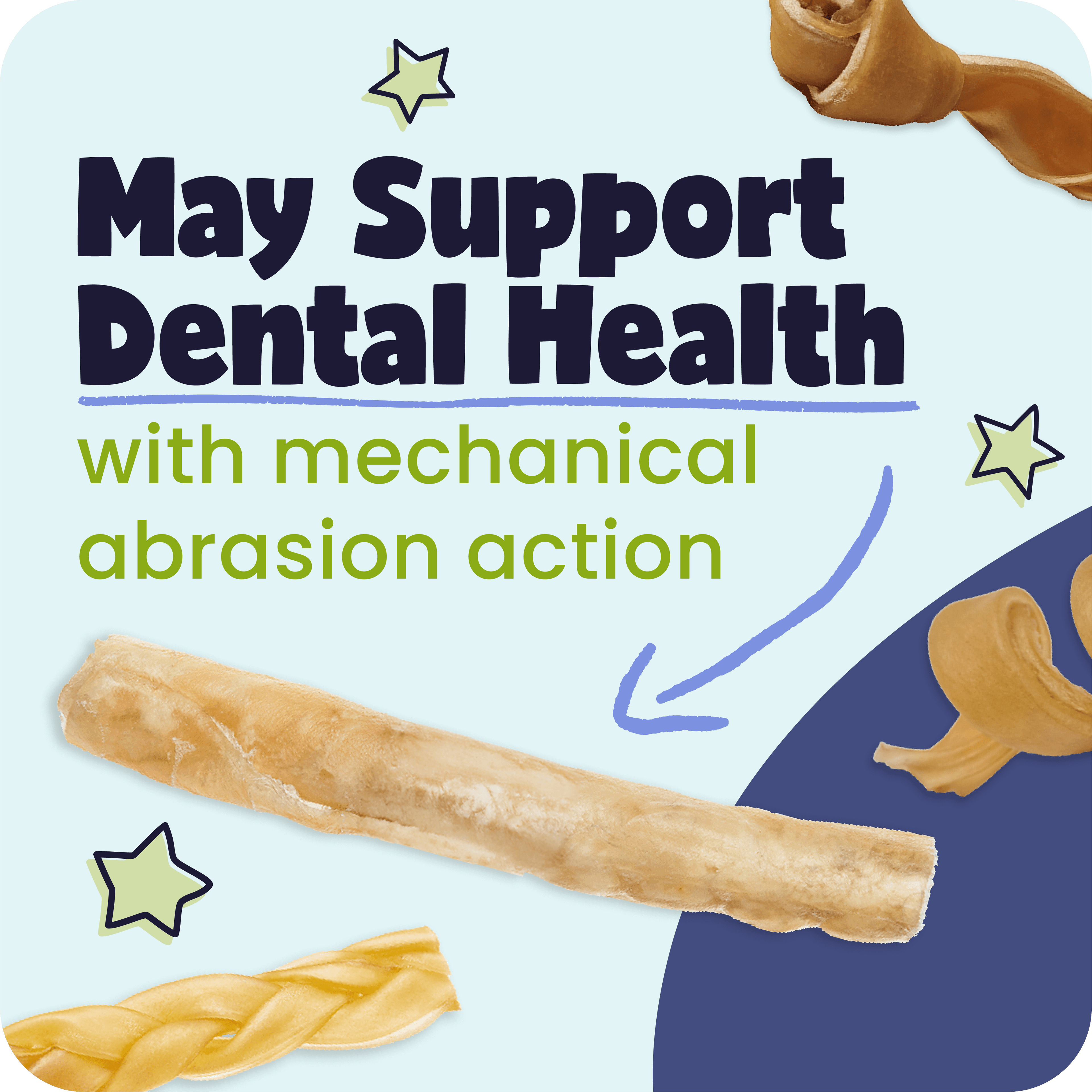 Dog chew product with text about dental health support on a blue background