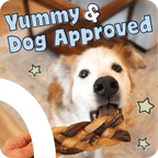 Dog holding a treat with 'Yummy & Dog Approved' text