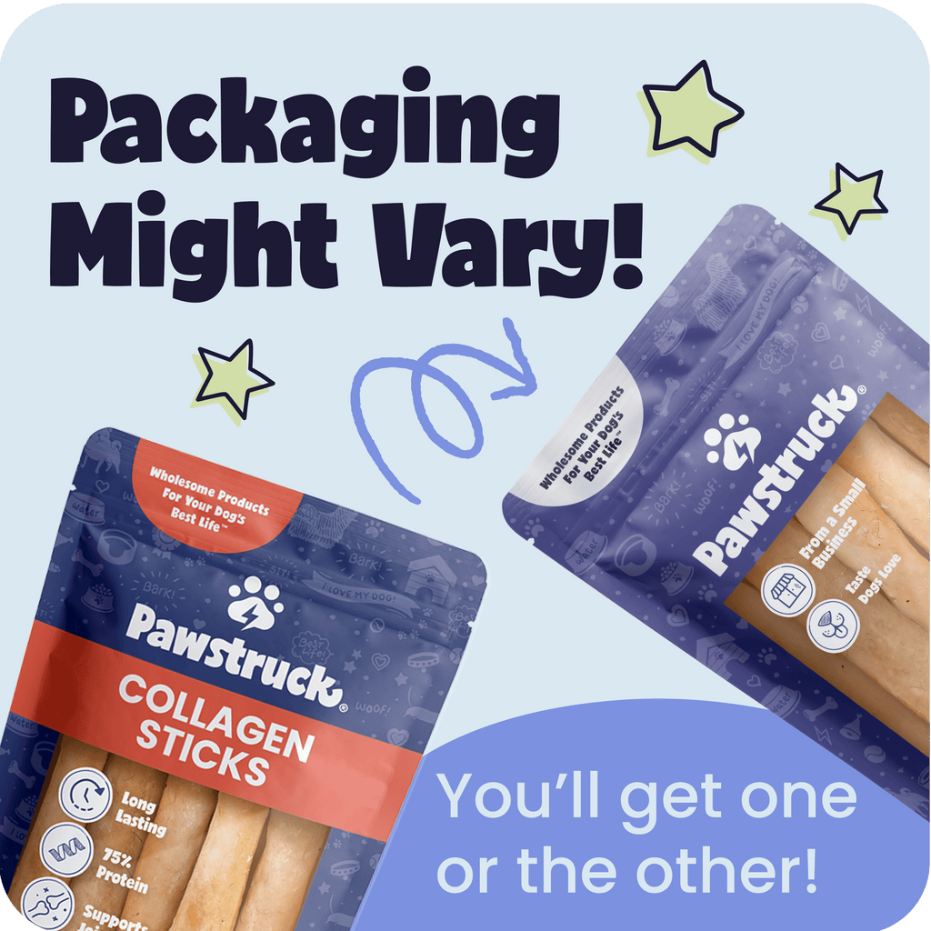 Pawstruck Collagen Sticks packaging with text indicating variation.