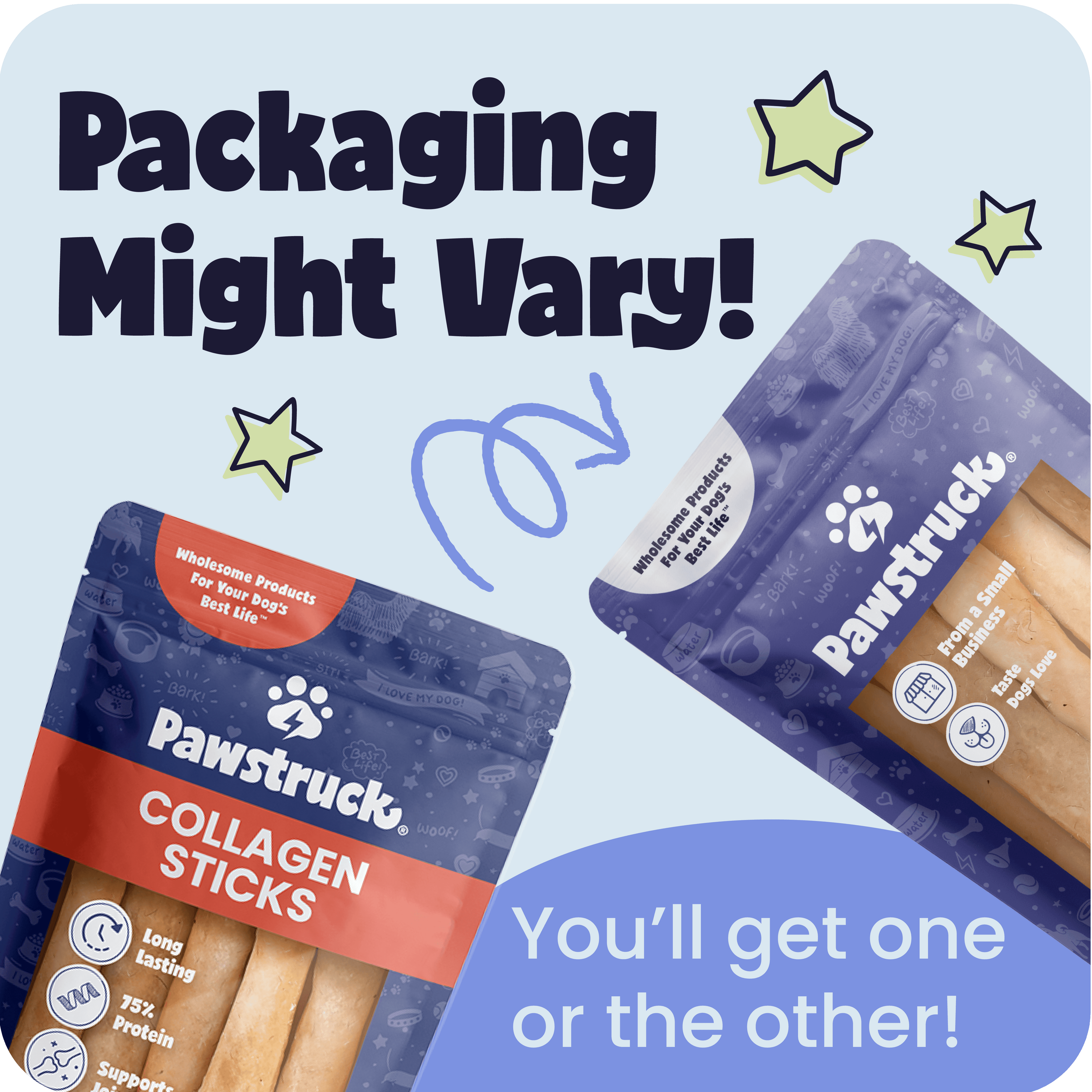 Pawstruck Collagen Sticks packaging with text indicating variation.
