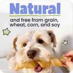 Dog holding a treat with text about being 'natural' and free from grains, wheat, corn, and soy.