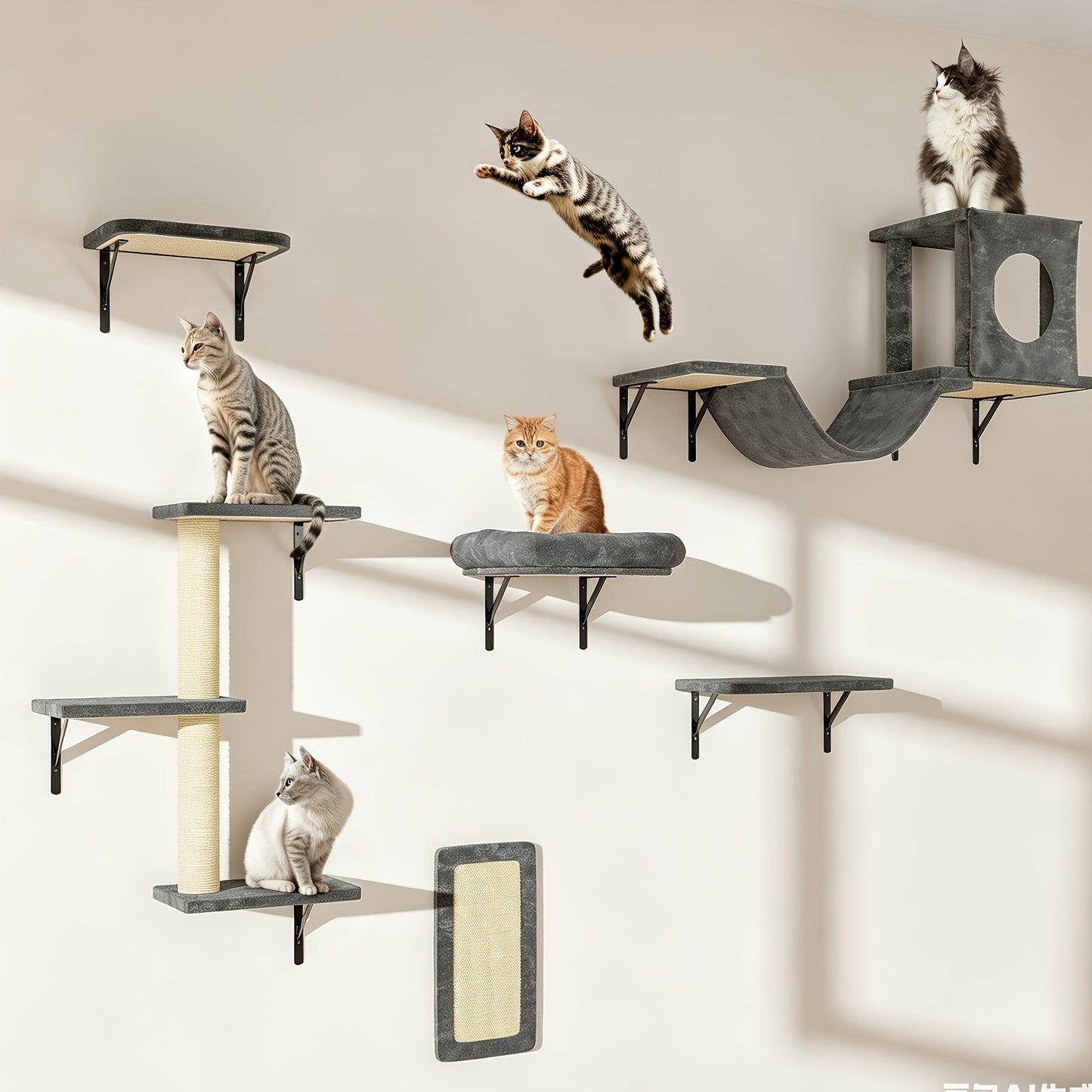 Cat Wall Shelf Climbing Set – 7-Piece Deluxe Wall Mounted Cat Furniture with Condo, Scratching Post, Bridge, Ladder & Tunnel for All Cat Sizes