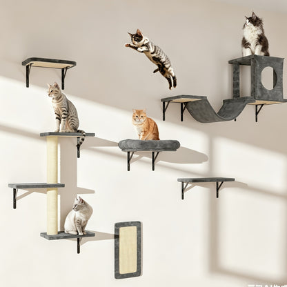 Cat Wall Shelf Climbing Set – 7-Piece Deluxe Wall Mounted Cat Furniture with Condo, Scratching Post, Bridge, Ladder & Tunnel for All Cat Sizes