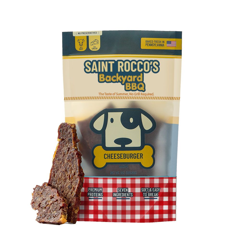 Saint Rocco's Backyard BBQ Cheeseburger dog treat package with treats in front