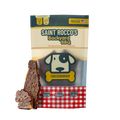 Saint Rocco's Backyard BBQ Cheeseburger dog treat package with treats in front