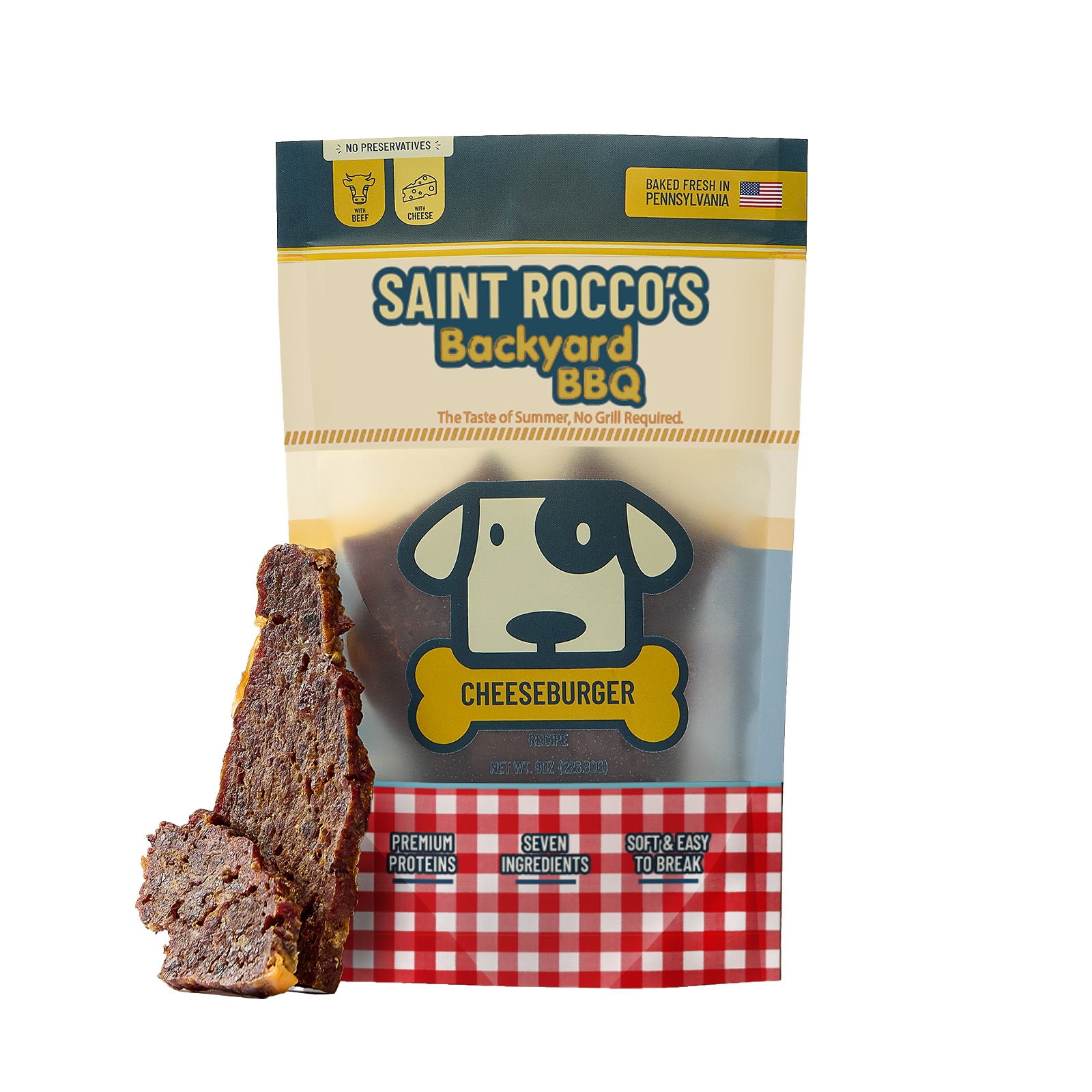 Saint Rocco's Backyard BBQ Cheeseburger dog treat package with treats in front