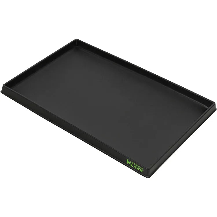 Black rectangular plastic tray with raised sides for holding an indoor dog grass pad.
