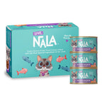 Nala Love cat food packaging showing a turquoise box and three stacked cans of Tuna & Salmon wet cat food on a white background.