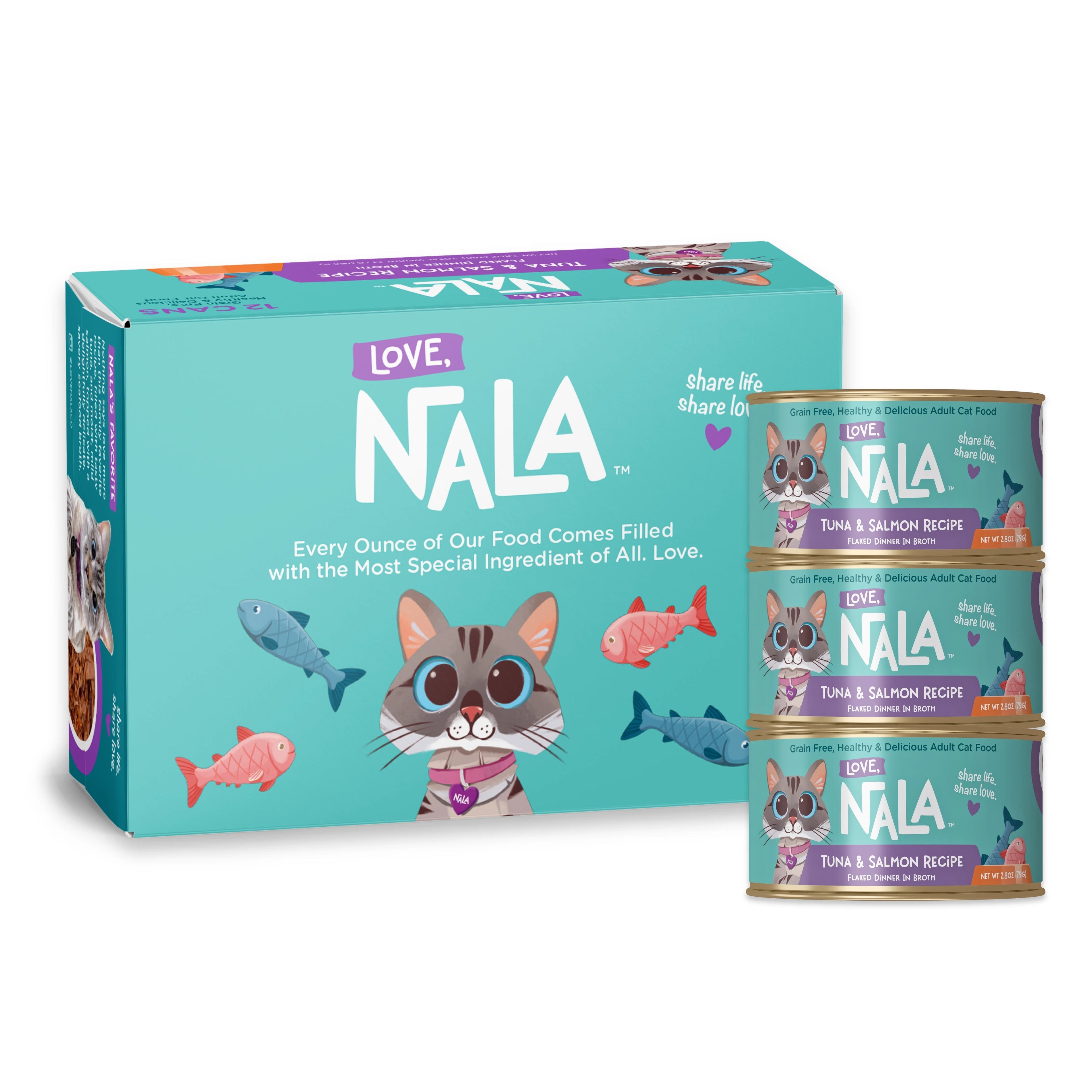Nala Love cat food packaging showing a turquoise box and three stacked cans of Tuna & Salmon wet cat food on a white background.