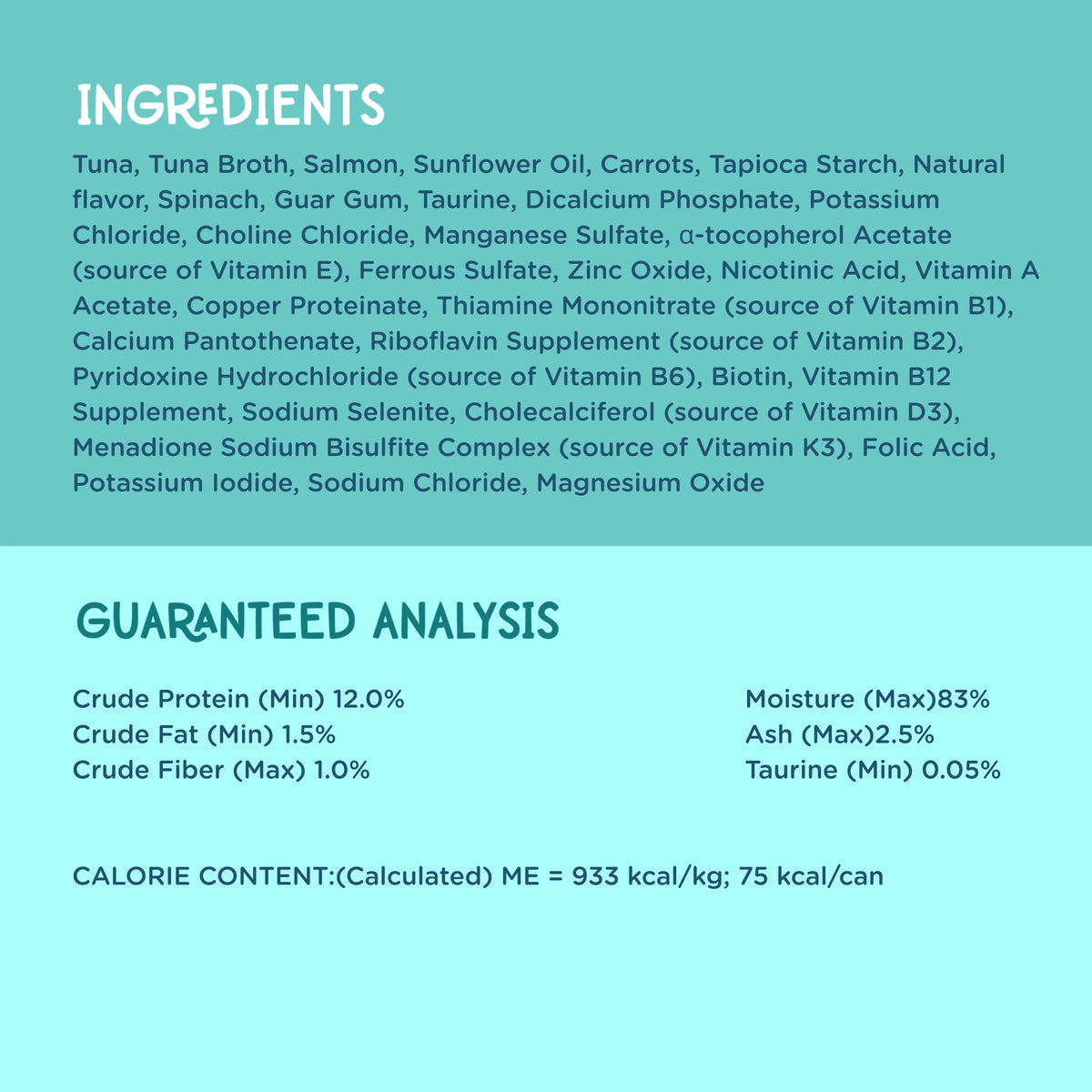 A digital infographic detailing the ingredients and guaranteed analysis results for a Tuna & Salmon Flaked recipe.
