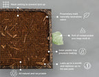 Bark Potty features infographic highlighting mesh netting, odor-neutralizing bark, built-in poo bags, leak-proof tray, and recyclable materials.