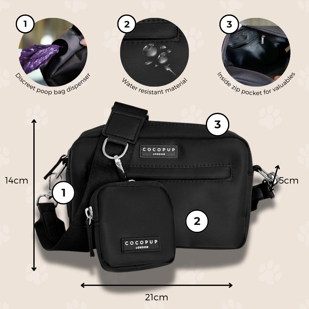 Black Cocopup London dog walking bag with treat pouch, poop bag dispenser, zip pocket, and water-resistant finish.