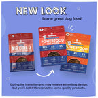 Pawstruck dog food packages with text about new packaging design on a blue background