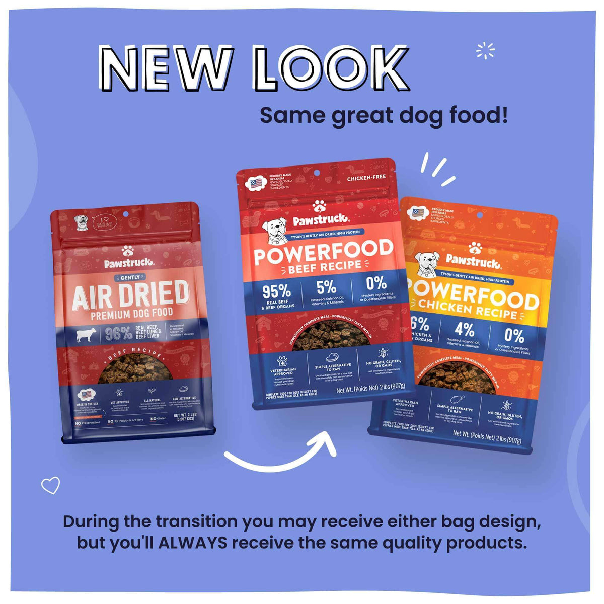 Pawstruck dog food packages with text about new packaging design on a blue background