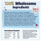 Dog food ingredient list with guaranteed analysis on a blue background