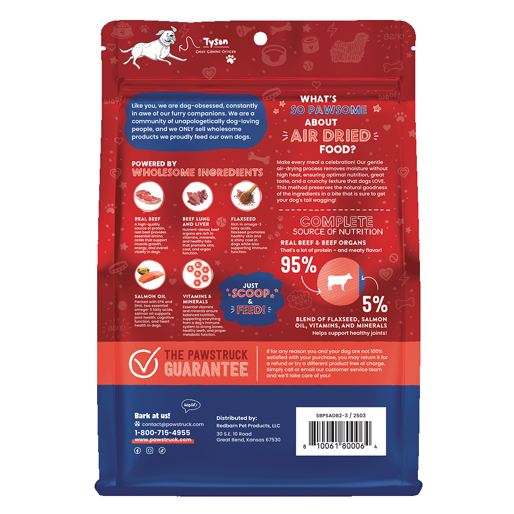Back of package of Air Dried beef powerfood by Pawstruck