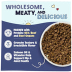 Dog food with text highlighting ingredients and benefits on a blue background