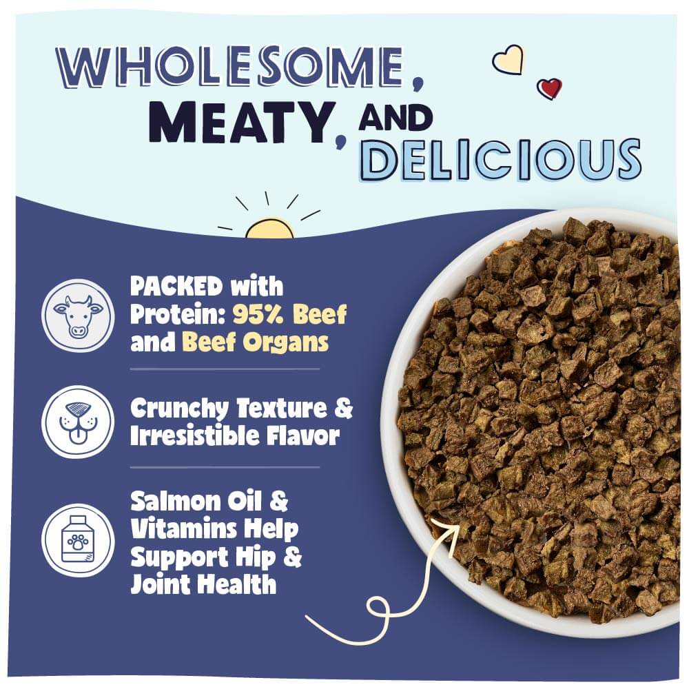 Dog food with text highlighting ingredients and benefits on a blue background
