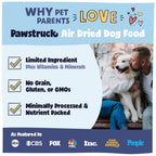 Advertisement for Pawstruck Air Dried Dog Food featuring a couple with a dog.
