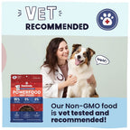 Woman holding a dog with a package of Powerfood Beef Recipe dog food, labeled 'Vet Recommended'.