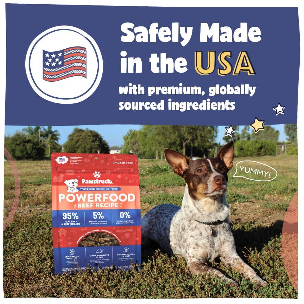 Dog food package with a dog sitting in a field, featuring text about safety and ingredients.
