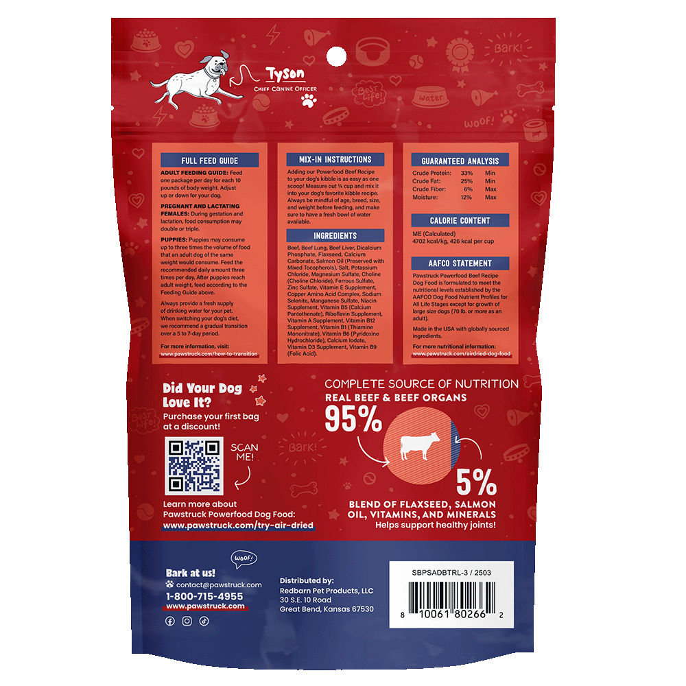 Back of package of Air Dried beef powerfood by Pawstruck