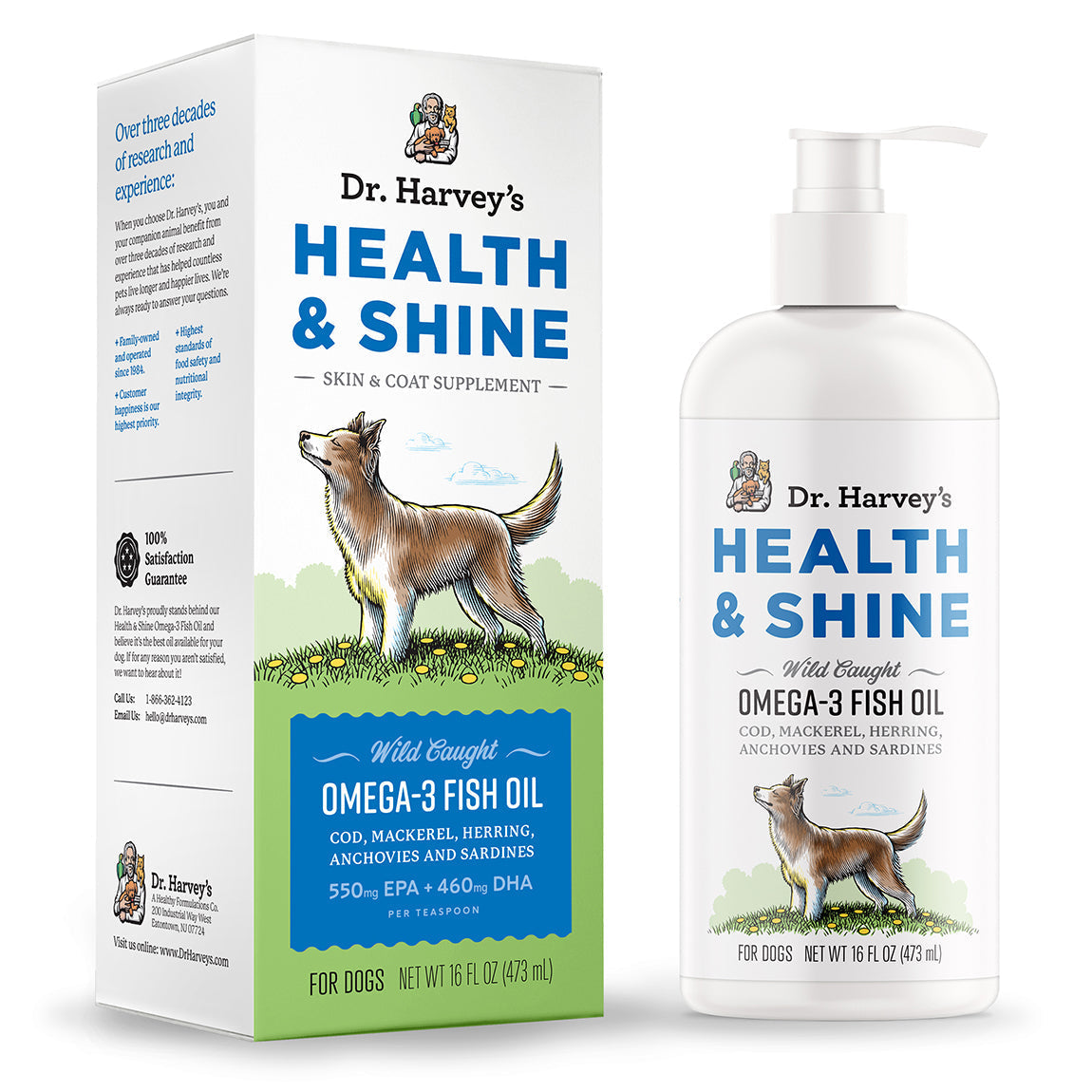 Dr. Harvey's Health & Shine Wild Caught Omega-3 Fish Oil skin & coat supplement box and pump bottle for dogs, 16 fl oz