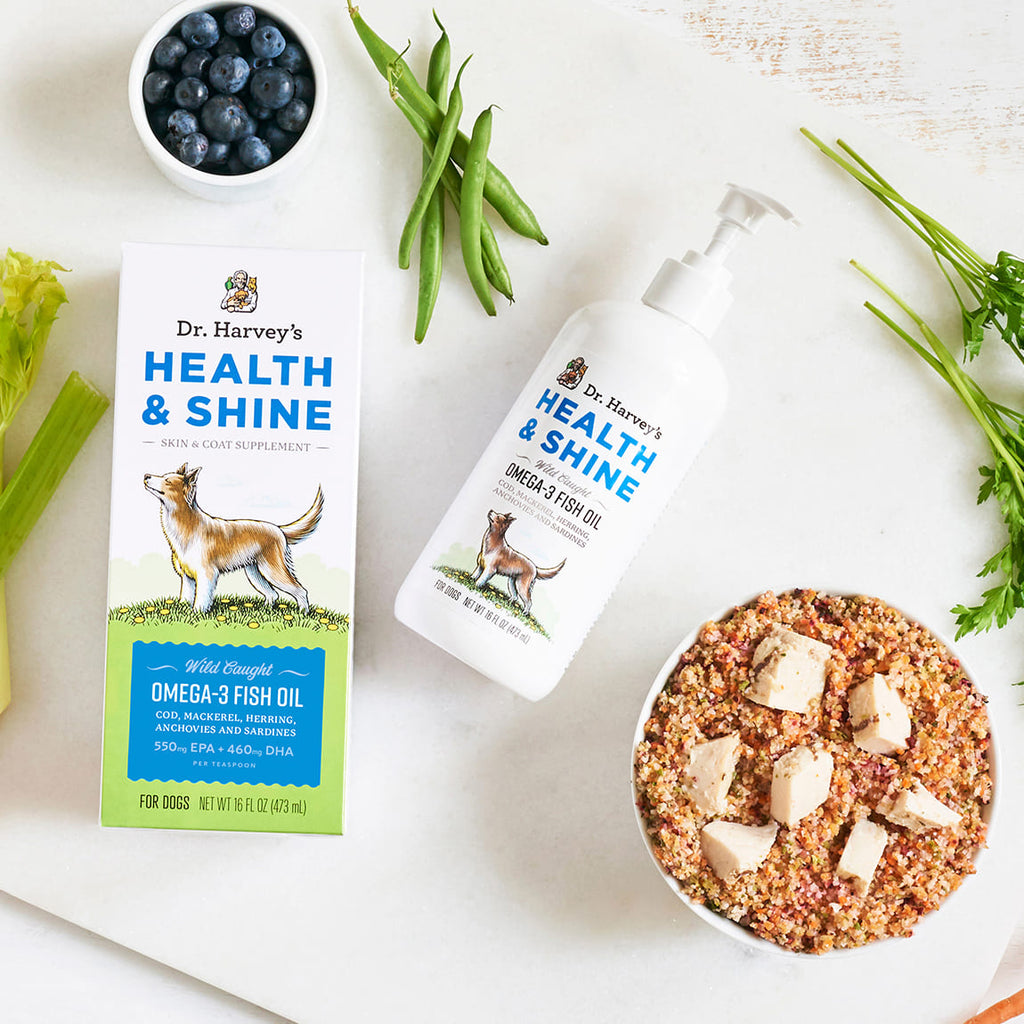 Dr. Harvey's Health & Shine Omega-3 Fish Oil box and pump bottle beside a bowl of dog food, blueberries, and green beans.