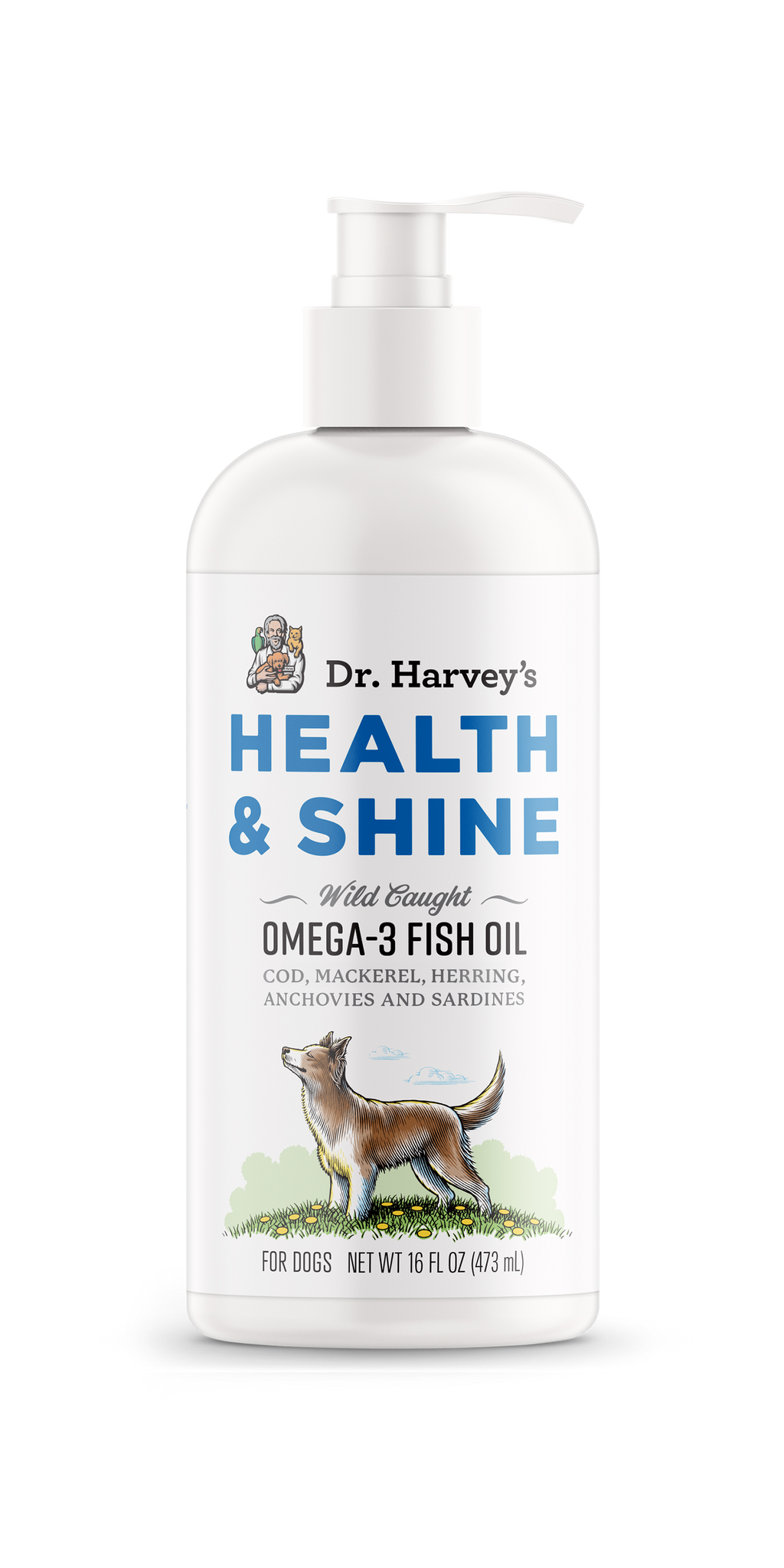 Dr. Harvey's Health & Shine Wild Caught Omega-3 Fish Oil pump bottle for dogs, 16 fl oz