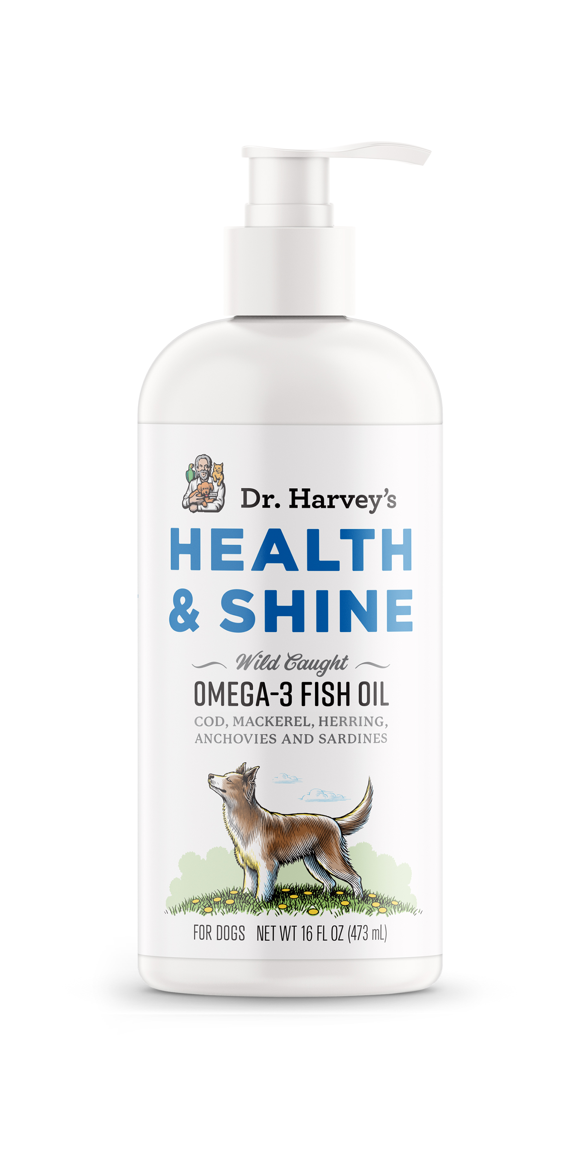 Dr. Harvey's Health & Shine Wild Caught Omega-3 Fish Oil pump bottle for dogs, 16 fl oz