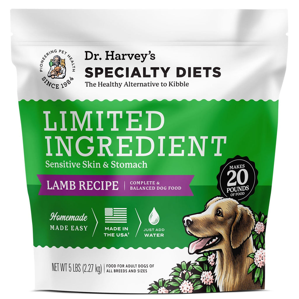 Dr. Harvey's Specialty Diets Limited Ingredient Lamb Recipe dog food bag, 5 lbs, with golden retriever illustration