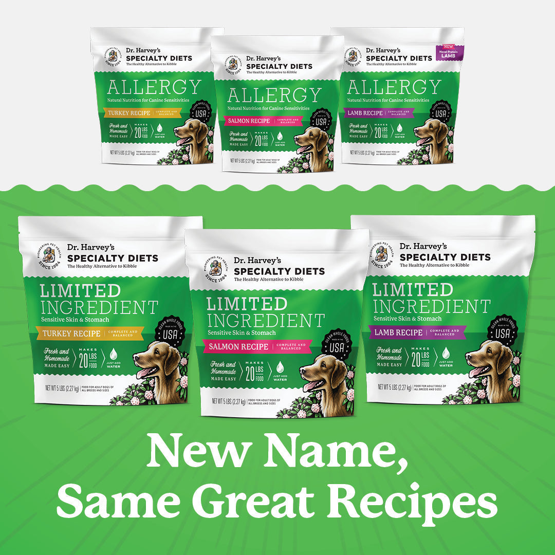 Dr. Harvey's Allergy rebranded to Limited Ingredient Specialty Diets dog food in Turkey, Salmon, and Lamb recipes — "New Name, Same Great Recipes