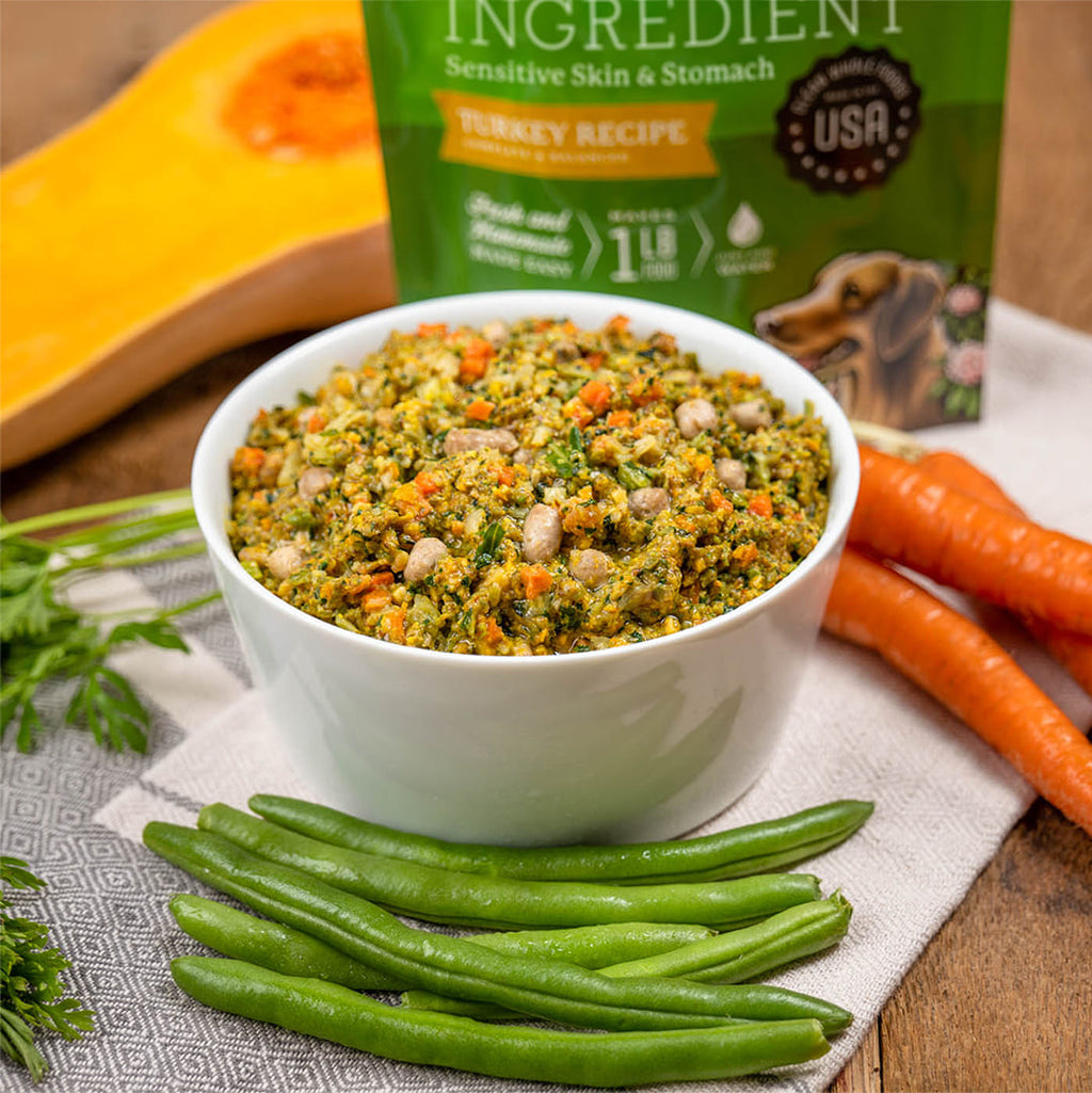 Bowl of Gather Free Acres Turkey Recipe wet dog food surrounded by fresh carrots, green beans, and butternut squash