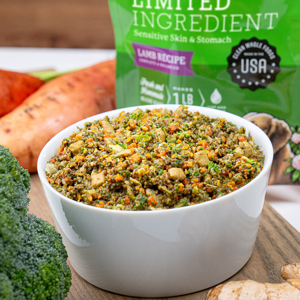 Limited Ingredient Lamb Recipe fresh dog food in a white bowl surrounded by broccoli, sweet potato, and ginger