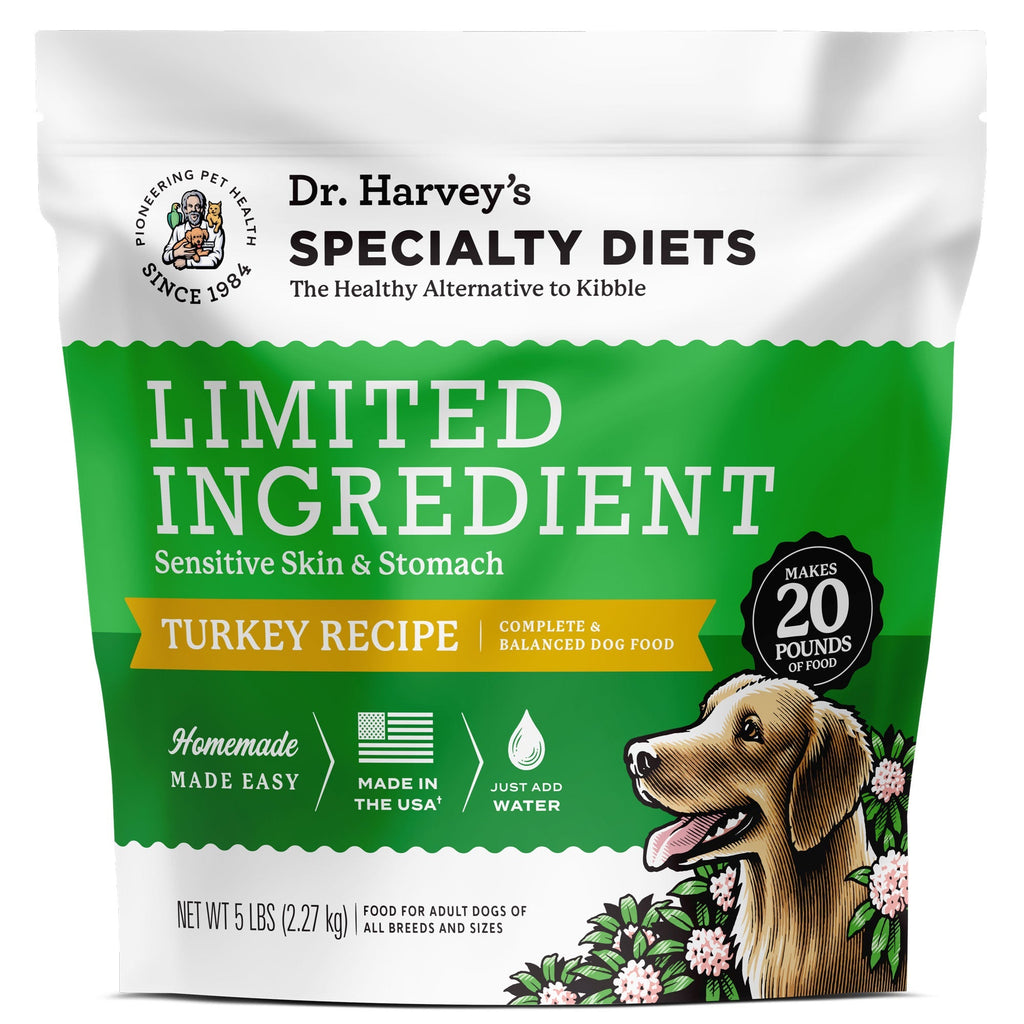 Dr. Harvey's Specialty Diets Limited Ingredient Turkey Recipe dog food bag, 5 lbs, for sensitive skin & stomach