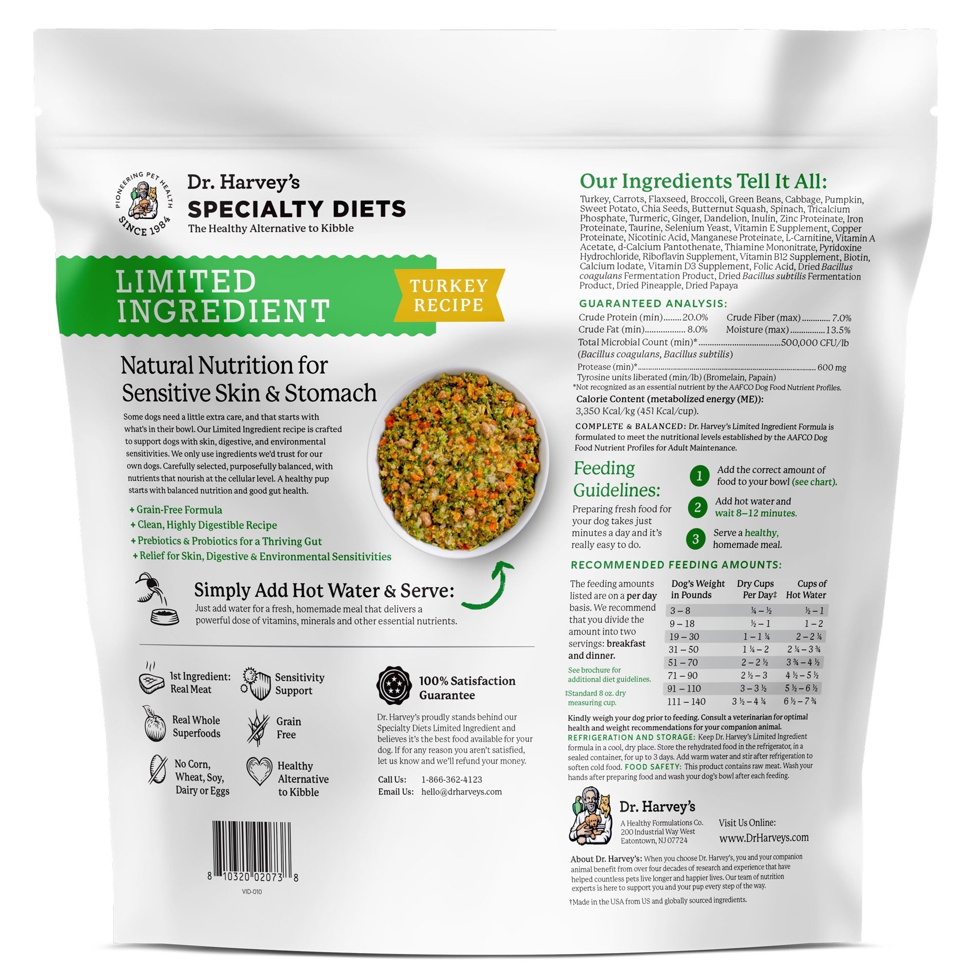 Dr. Harvey's Specialty Diets Limited Ingredient Turkey Recipe dog food bag back panel with ingredients and feeding guide