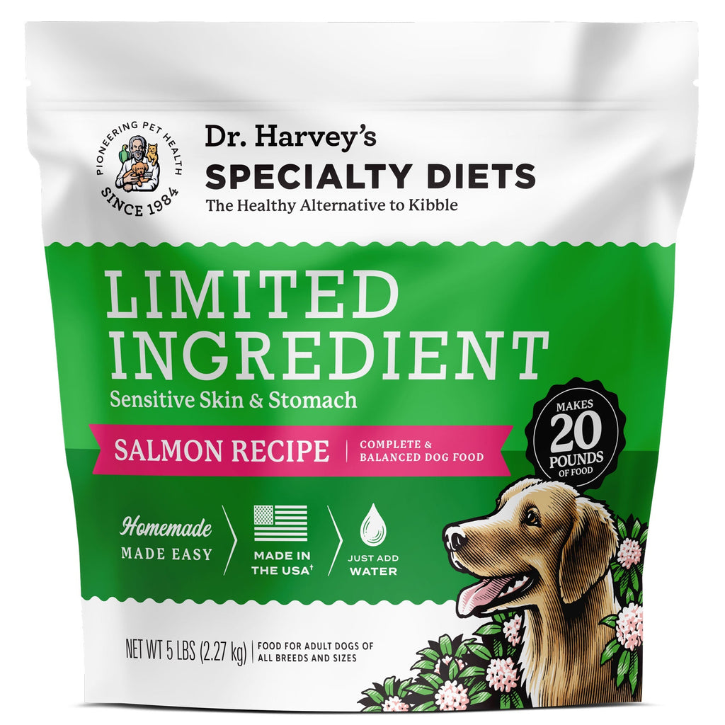 Dr. Harvey's Specialty Diets Limited Ingredient Salmon Recipe dog food bag, 5 lbs, with golden retriever illustration