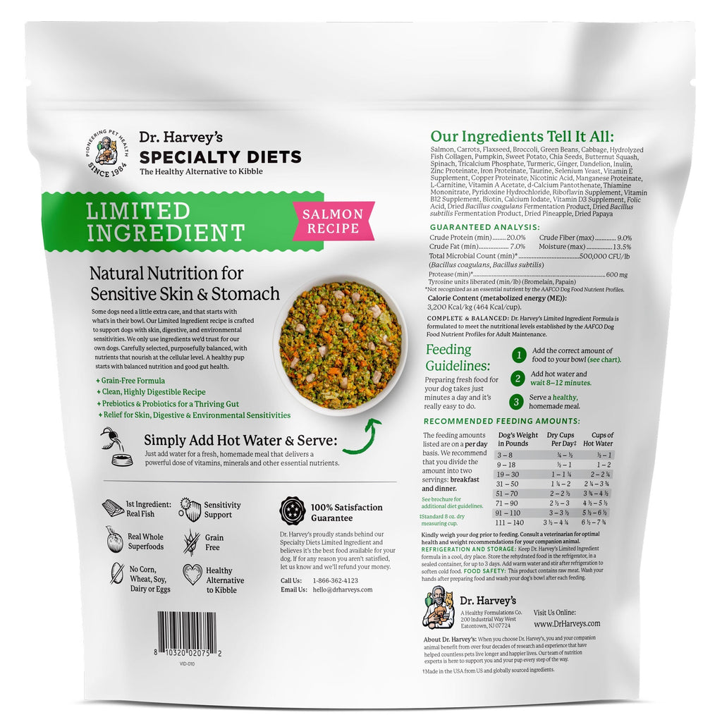 Dr. Harvey's Specialty Diets Limited Ingredient Salmon Recipe dog food bag back panel with ingredients and feeding guide