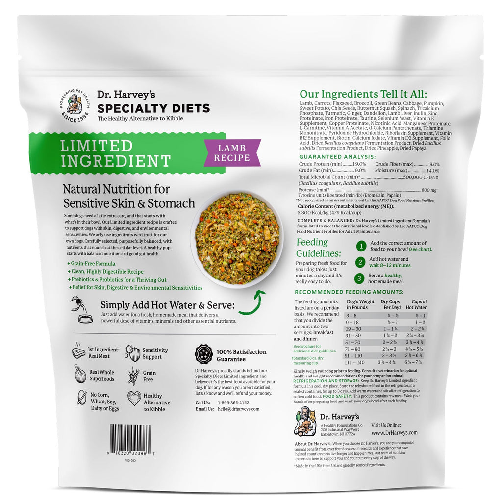Dr. Harvey's Specialty Diets Limited Ingredient Lamb Recipe dog food bag back panel with ingredients and feeding guidelines