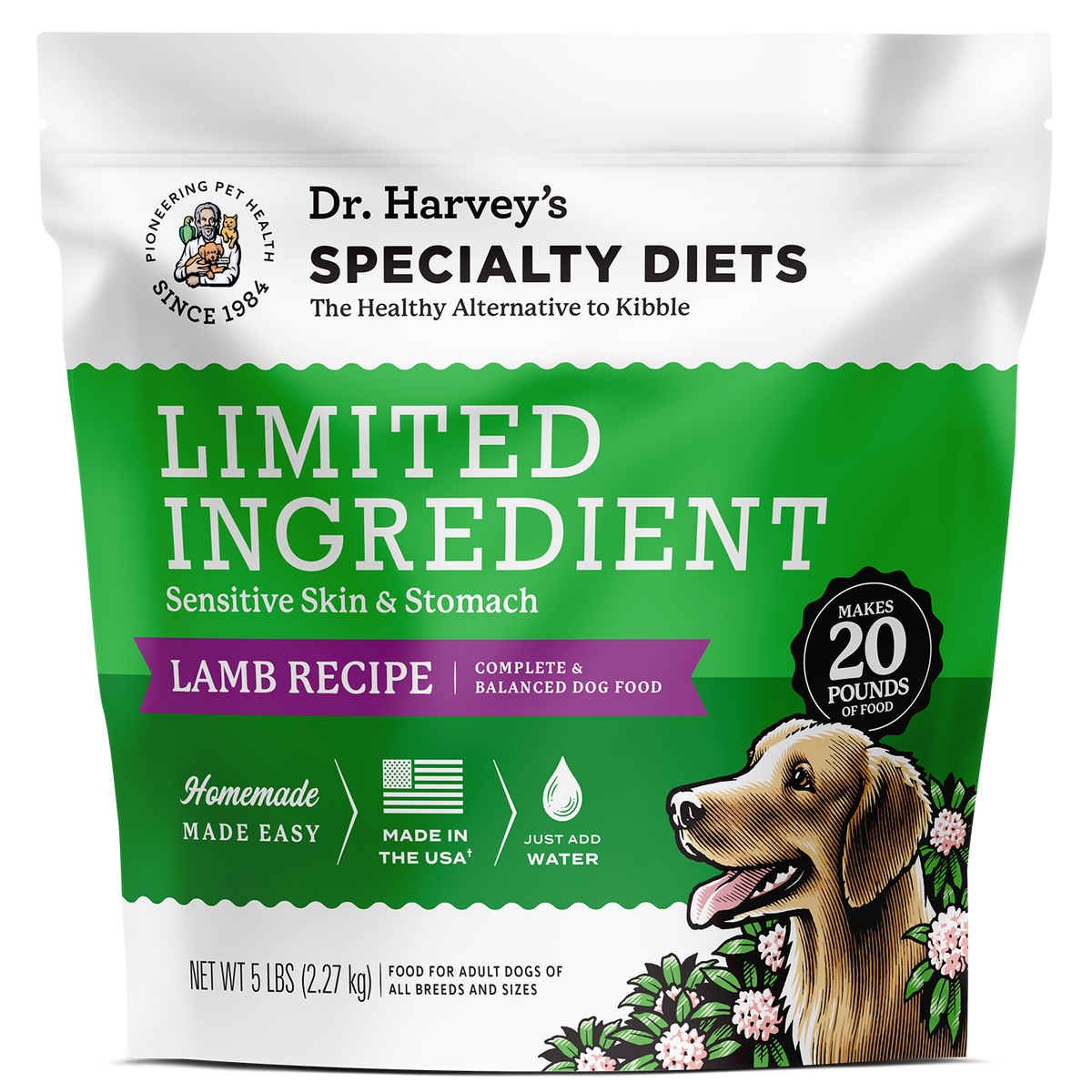 Dr. Harvey's Specialty Diets Limited Ingredient Lamb Recipe dog food bag, 5 lbs, with golden retriever illustration