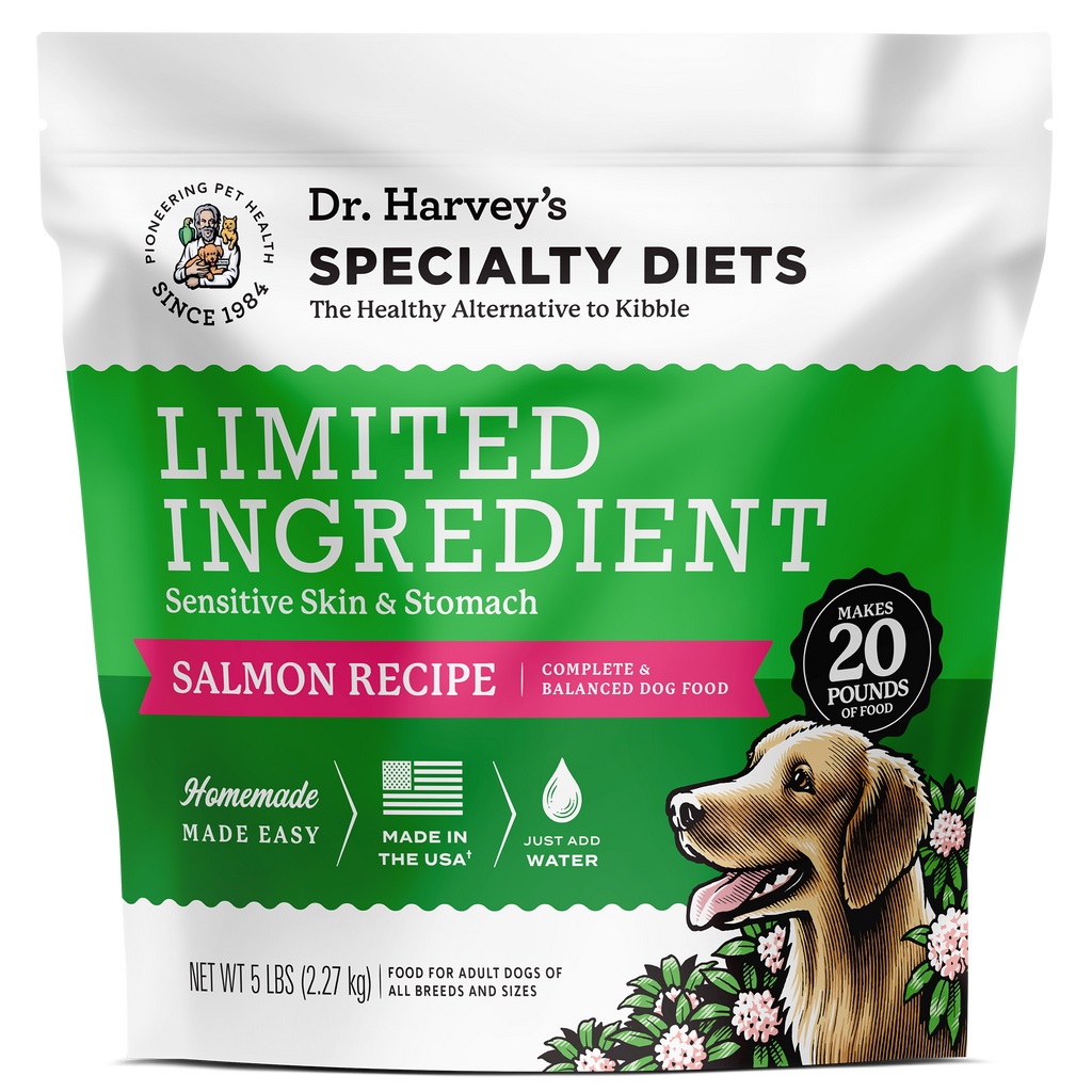Dr. Harvey's Specialty Diets Limited Ingredient Salmon Recipe dog food bag, 5 lbs, with golden retriever illustration