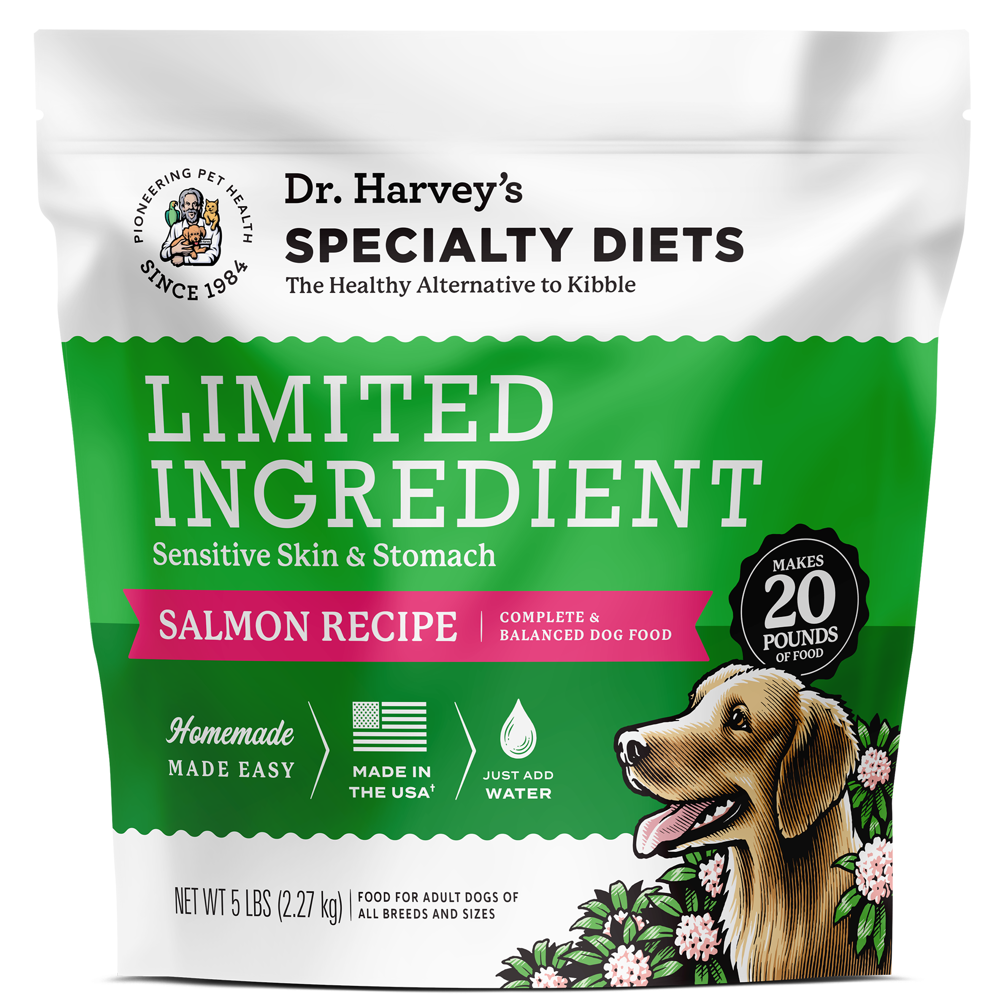 Dr. Harvey's Specialty Diets Limited Ingredient Salmon Recipe dog food bag, 5 lbs, with golden retriever illustration