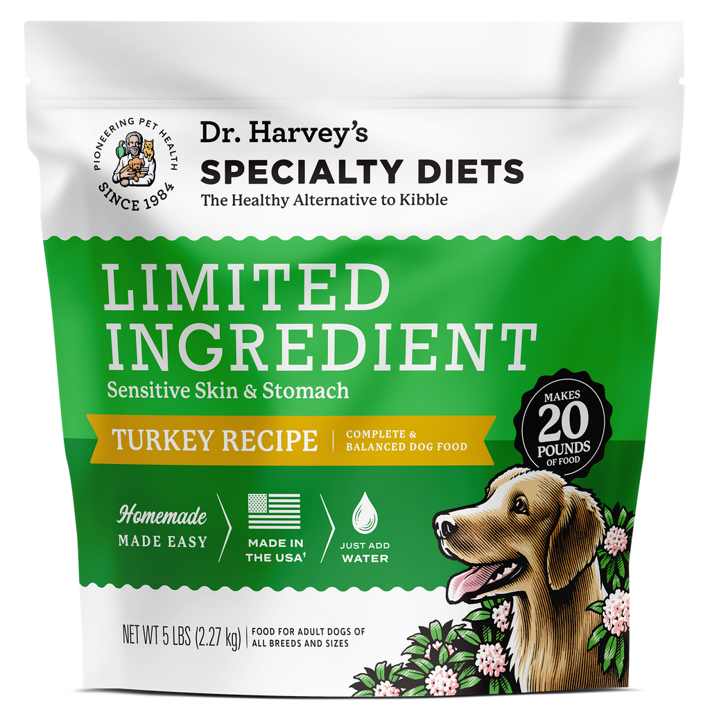 Dr. Harvey's Specialty Diets Limited Ingredient Turkey Recipe dog food bag, 5 lbs, with golden retriever illustration