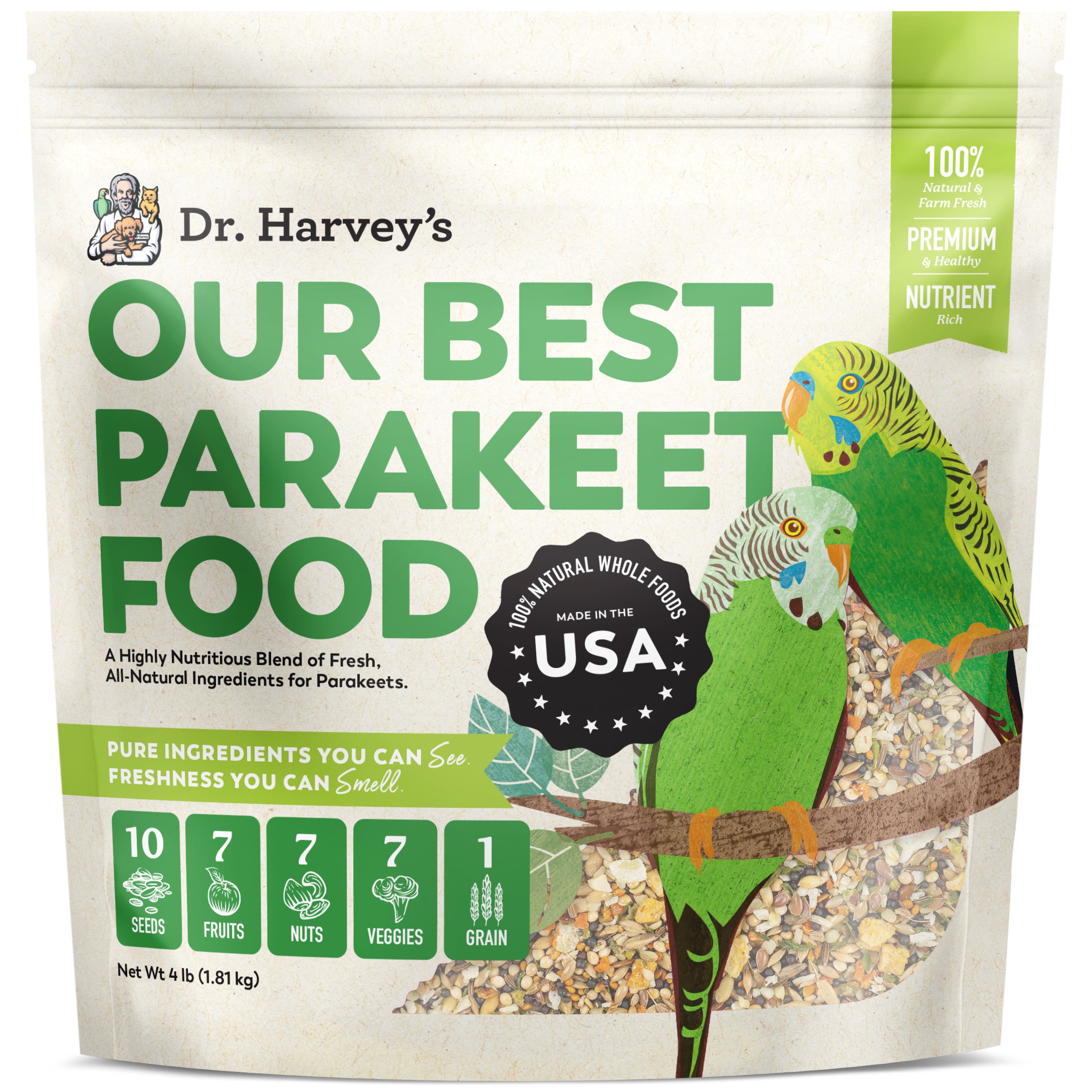 Dr. Harvey's Our Best Parakeet Food 4lb bag with illustrated green parakeets perched on a branch