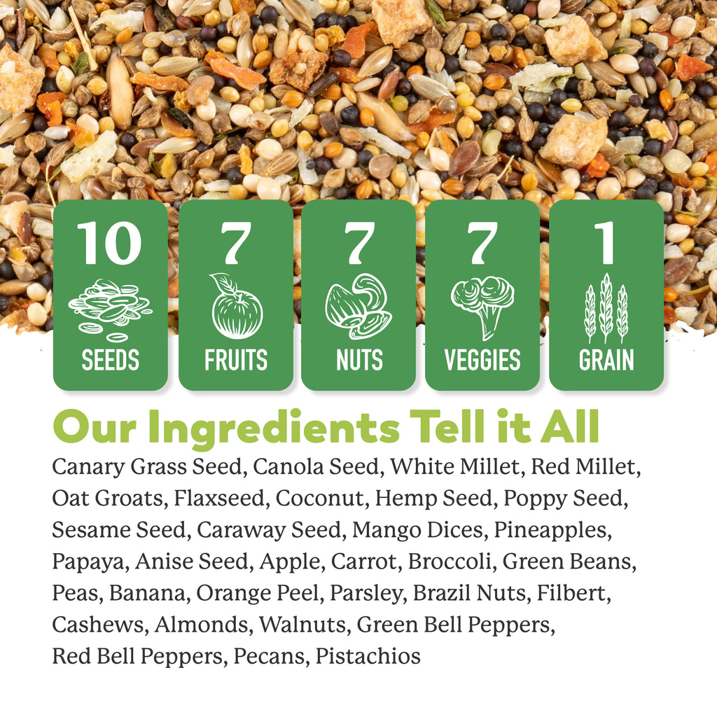 Bird food mix with 10 seeds, 7 fruits, 7 nuts, 7 veggies, 1 grain; ingredients listed on white background